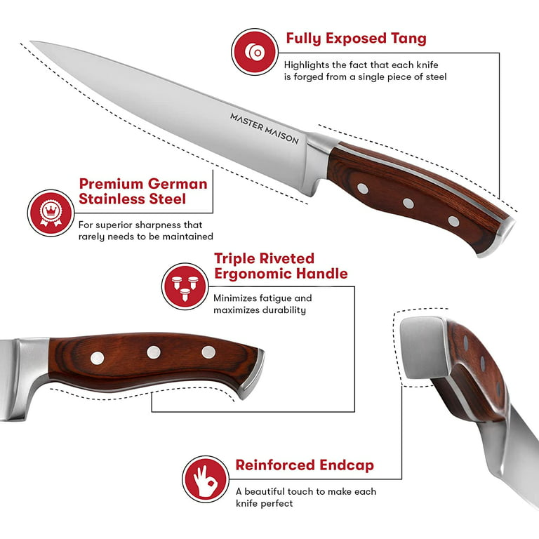 Master Maison Walnut Kitchen Knife Set With Knife Block & Bonus Cleaver |  German Stainless Steel Knives With Knife Sharpener & 8 Steak Knives 