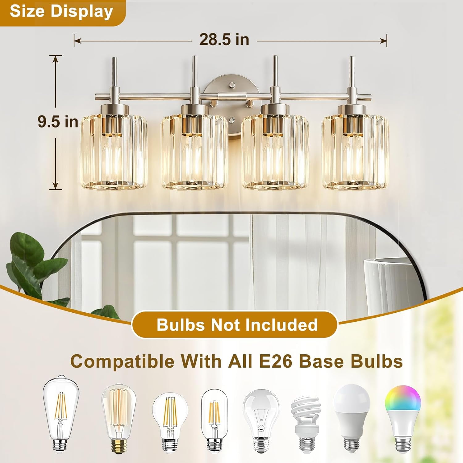 NATYSWAN 4 Lights Round Crystal Vanity Lights, Modern Crystal Wall Light Bath Mirror Light Fixture Over Mirror Bathroom Wall Sconces for Bathroom Living Room
