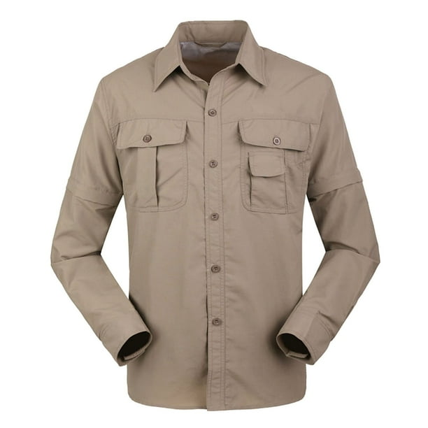 Blusa y camisa de manga larga con cuello vuelto para hombre, estilo casual, color liso, con botones y bolsillos, de nailon, desmontable.