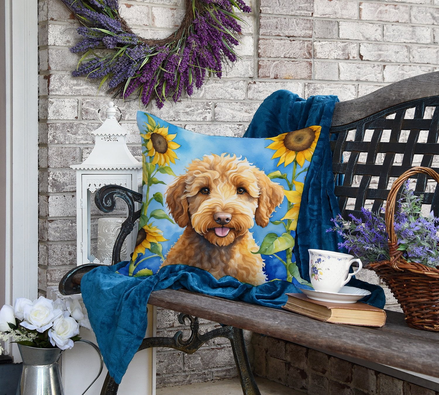 Labradoodle in Sunflowers Throw Pillow 18 in x 18 in