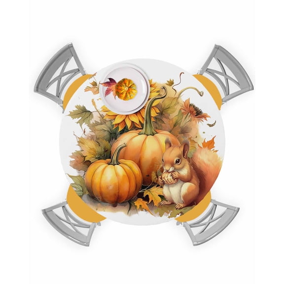 Round Fitted Tablecloths Fall Pumpkin Sunflower Farm Squirrel Waterproof Table Cover for Kitchen Dining Party Thanksgiving Harvest Orange Watercolor,36"-44"