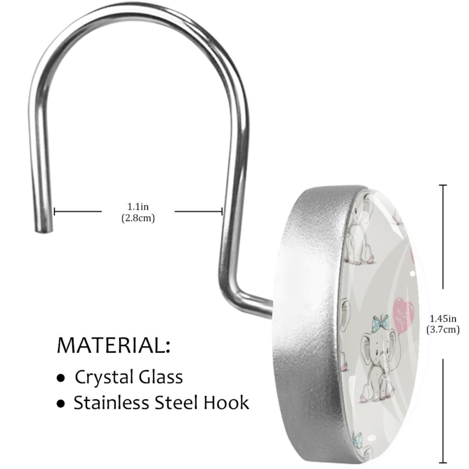 Elephant Shower Curtain Hooks （Set of 12） for Home Hotel Shower Rods Bathroom Crystal Glass Print Stainless Steel Round Curtain Hooks