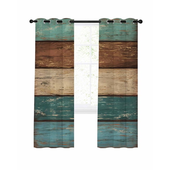 Teal Turquoise Wooden Blackout Curtains, Light Blocking Print Window Curtains, Rustic Retro Farmhouse Western Country Thermal Insulated Window Drapes for Living Room 2 Panels, 55"W x 39"L