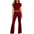 thumbnail image 2 of LEKWK Workout Sets for Women Short Sleeve Crewneck Crop Top and Low-Rise Flared Leggings Summer Fashion Yoga Athletic Gym Casual Lounge Outfits, 2 of 7