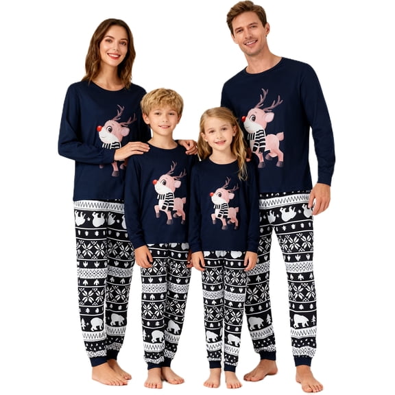 Family Matching Pajamas Christmas Elk Print Long Sleeve Tops and Stretch Casual Pants Sleepwear