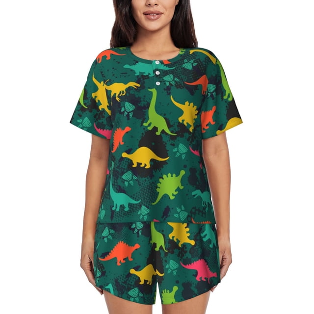 Balery Colorful Dinosaurs Conjunto de Pijama para Mujer con Estampado, Dos Piezas de Manga Corta y Shorts, Ropa de Dormir Suave con Cuello Redondo y Bolsillos-Large