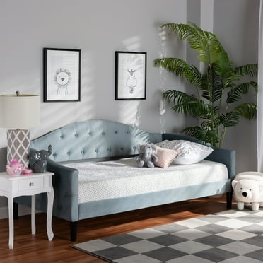 Baxton Studio Benjamin Modern and Contemporary Light Blue Velvet Fabric Upholstered and Dark Brown Finished Wood, Full Size Daybed