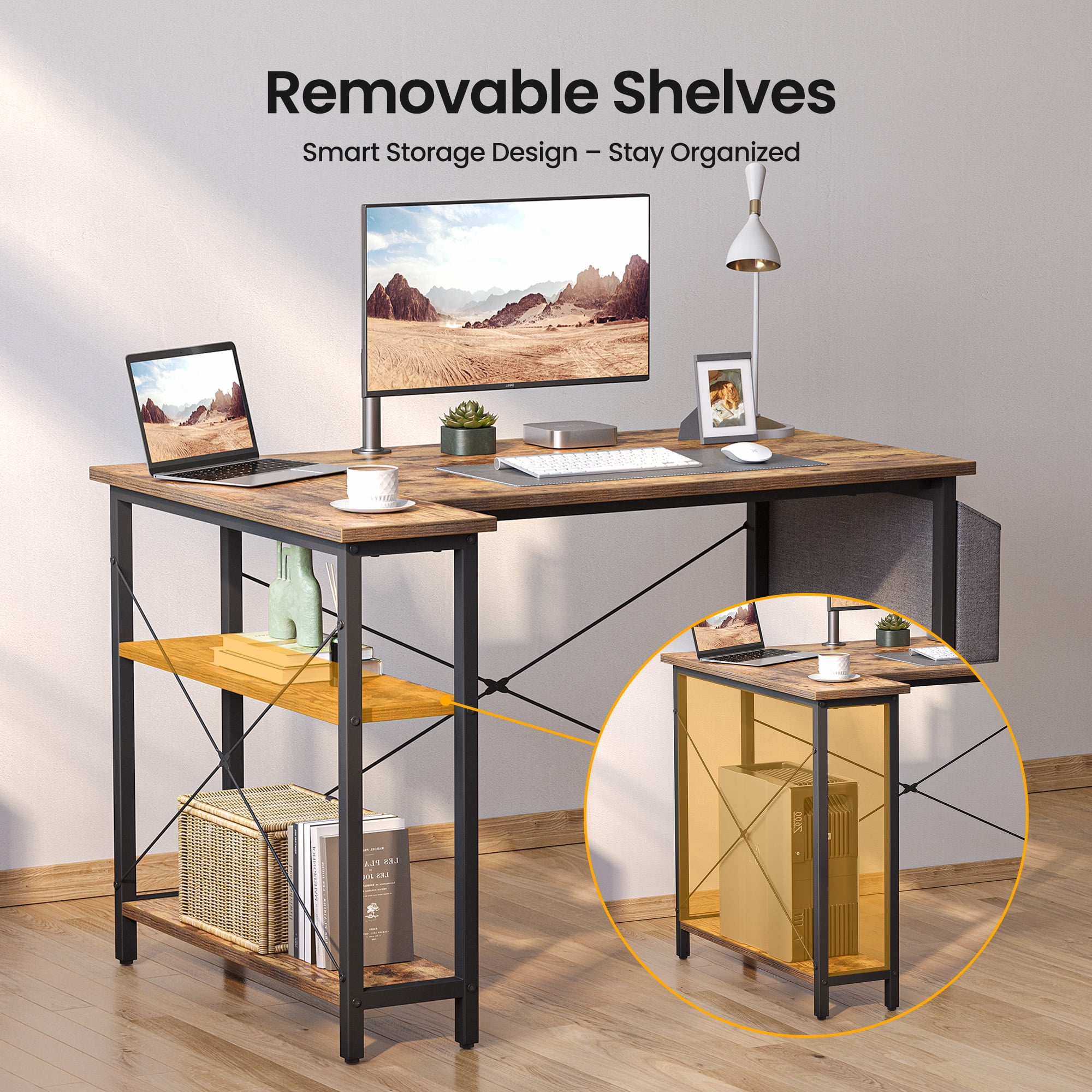 DESINO 55 Inch L-Shaped Computer Desk with Storage Shelves Home Office Corner Desk Study Writing Table, Rustic Brown