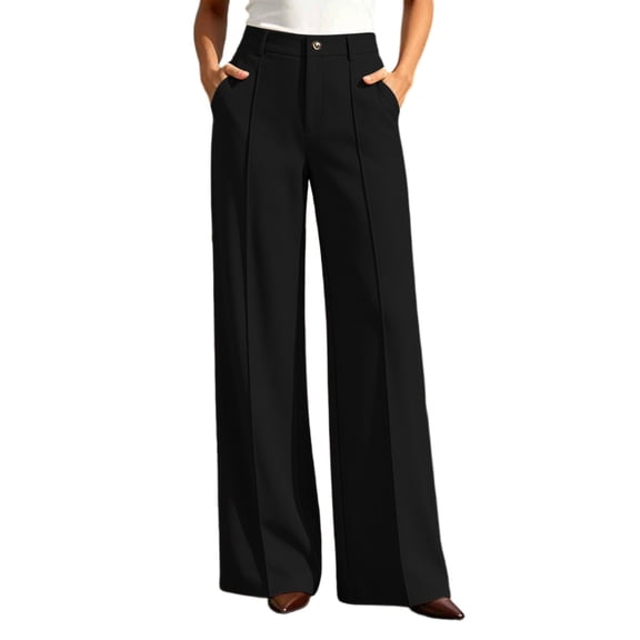Htigea Women's Dress Pants Button High Waisted Work Trousers Solid Color Straight Leg Business Pant with Pockets Black S