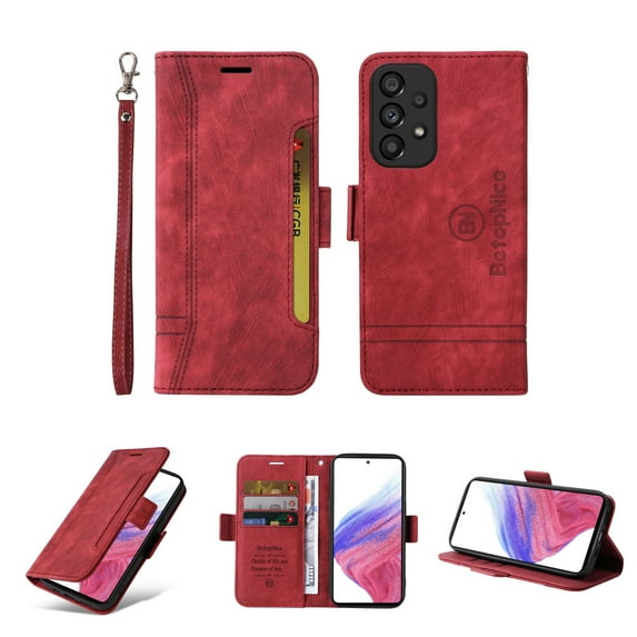 for Samsung Galaxy A53 5G Flip Case, Slide Card Pocket Premium PU Leather Folio Flip with Design Card Slots Wrist Strap Shockproof Kickstand Magnetic Protective Cover for Samsung A53 5G, Red