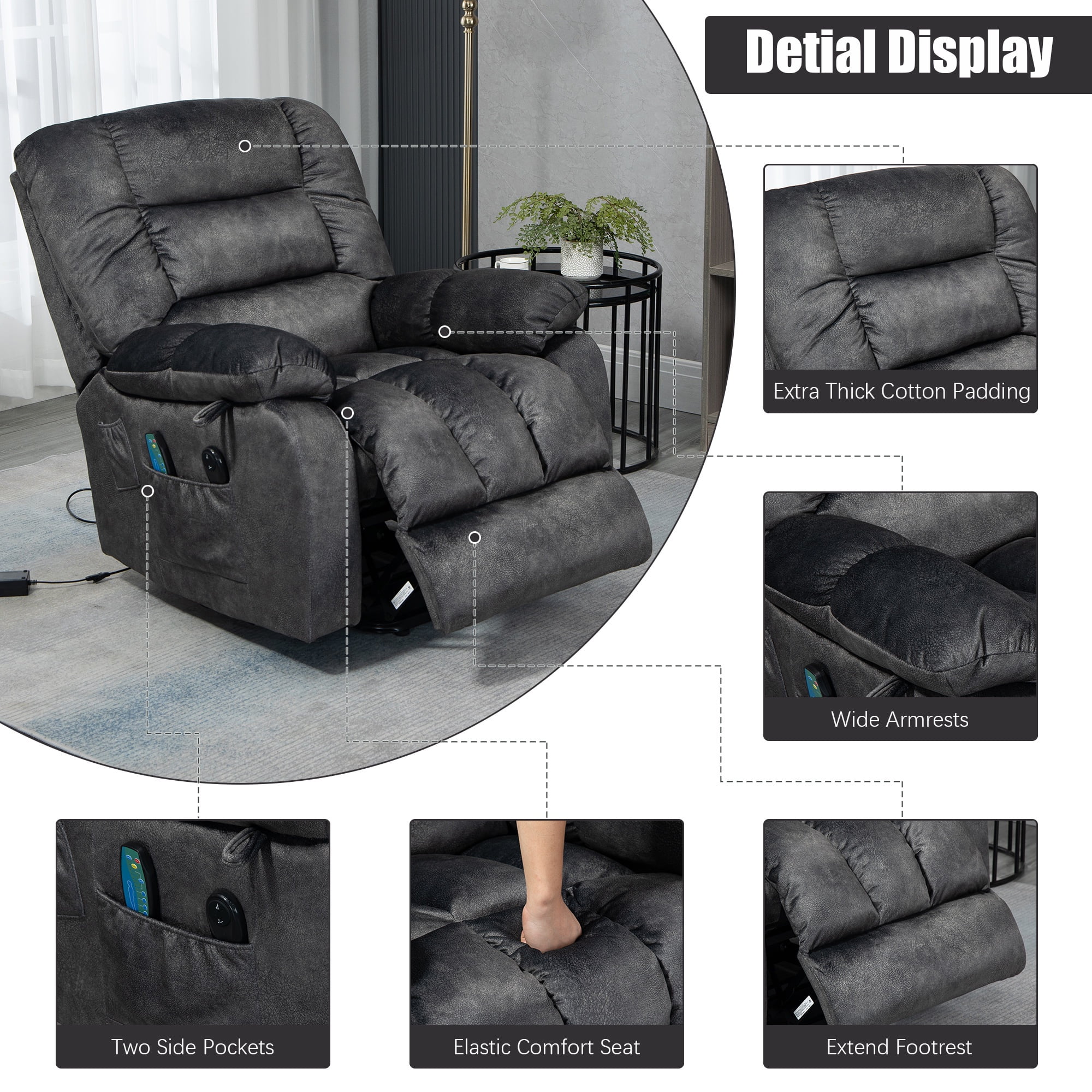 PAPROOS Recliner Chair, Electric Power Lift Recliner with Heat Therapy and Massage Function, Large Size Lift Chair with Remote and Side Pocket, Oversized Power Reclining Sofa, Gray Blue