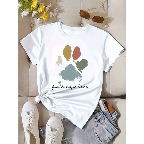Women' & Cute Paw Print T-Shirt - Short Sleeve Round Neck Summer Top with Dog & Paw