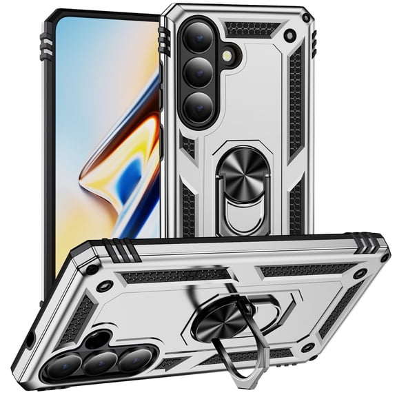 Poweltek for Samsung Galaxy S26 Plus with Rotated Adjustable Ring Kickstand Case, Shockproof Heavy Duty Protection Anti-Fingerprint Support Magnet Car Mount Cover, Silver