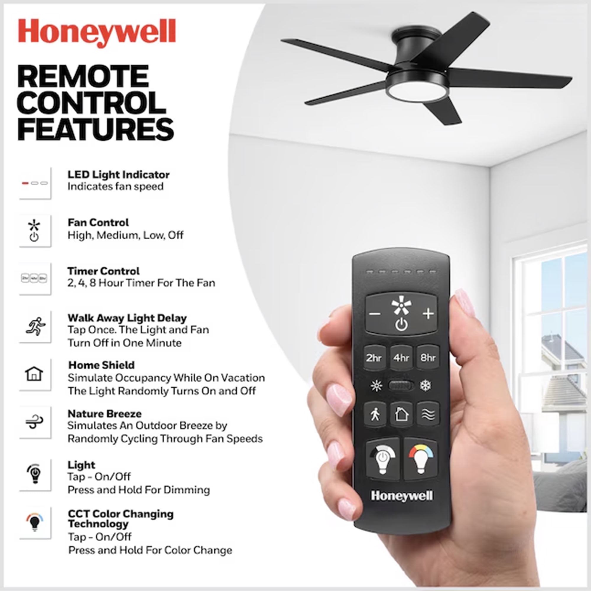 Honeywell 52" Modern Ceiling Fan LED Remote 5 Blade Indoor Tynesdale, Black