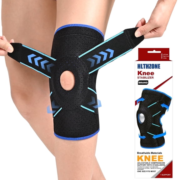 HLTHZONE Adjustable Knee Brace with Side Stabilizers for Running, Compression Knee Support for Meniscus Tear, Arthritis, ACL, LCL, Knee Pain Relief for Men & Women, L - Size