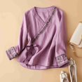 thumbnail image 3 of KBZDBZC Womens Tops and Blouses Women's Cotton Linen Button Short Sleeve Shirts Summer Loose Crew Neck Casual Boho Top Vintage Embroidered Blouse Tops T Shirt for Women (Purple,L), 3 of 6
