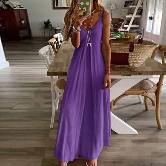 SMihono Summer Dresses for Women Vacation Solid Slip Dress Spaghetti Strap Fashion Maxi Dress Casual Sundress Purple S