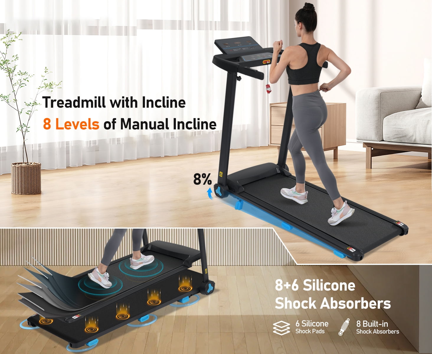 Euroco 300 LBS Portable Folding Treadmill with 8% Incline, 3.0HP Quiet Walking Pad Treadmill with Heart Rate Sensor,LED Display,Handle Bar, Walking Running Treadmill for Home Office