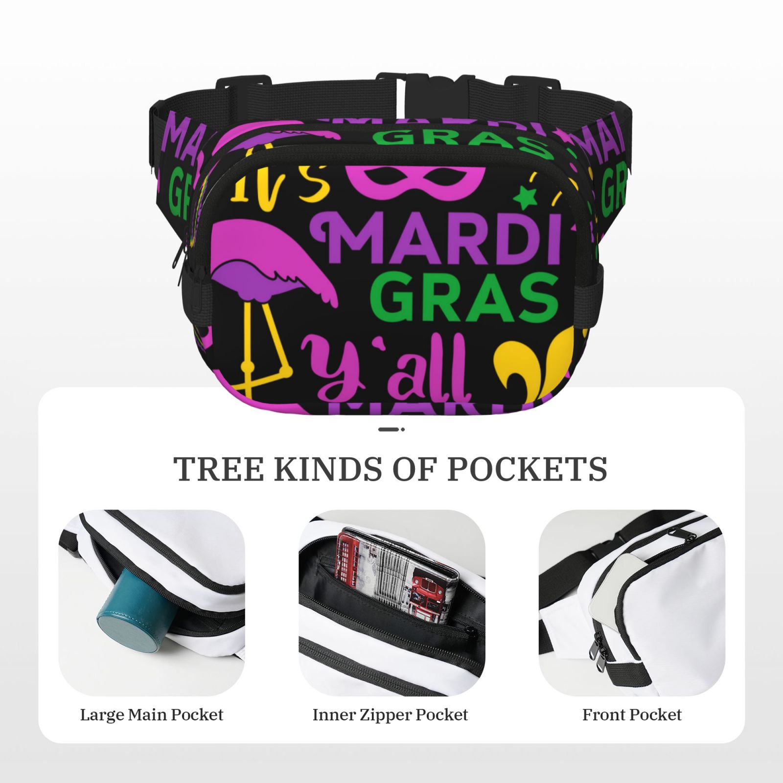 Hirioo Mardi Gras with Flamingo for Double Layer Waist Bag Adjustable Fanny Pack For Travel Running Hiking