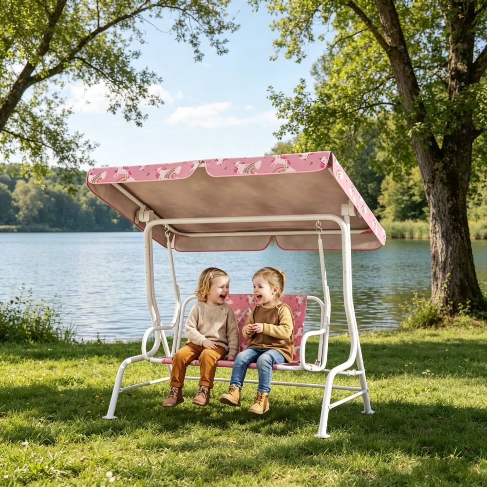 Pink & White Unicorn Rainbow Kids Swing Chair - Heavy-Duty Steel Frame, Adjustable Canopy, 132lbs Weight Capacity for Outdoor/Indoor Use