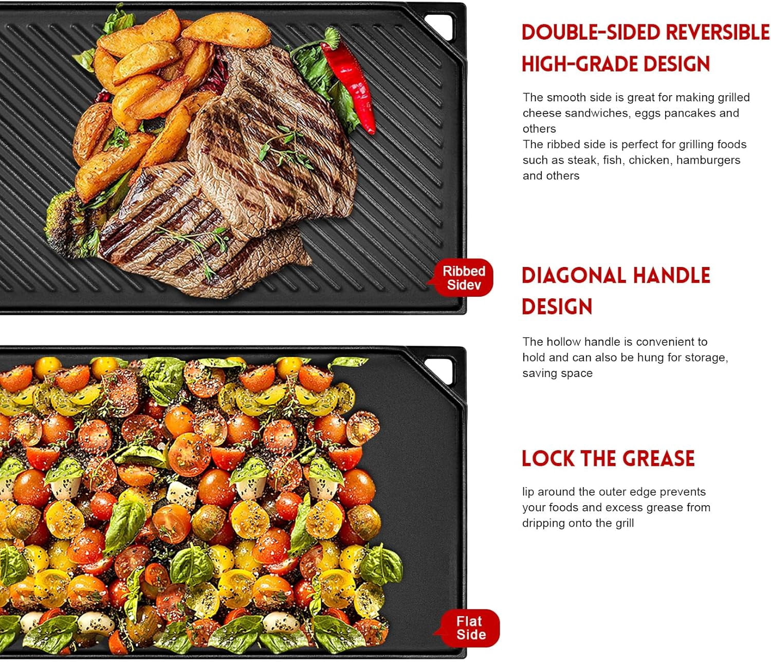 Double-Sided Cast Iron Griddle for Stove, Grill & Outdoor Cooking, 16.5 x 9.5 Inches