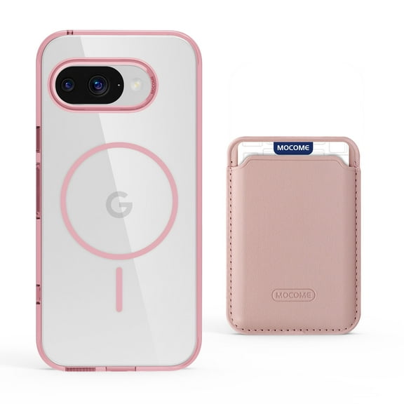 ELEHOLD Clear Magnetic Wallet Case For Google Pixel 9A , Mag Safe Compatible Transparent Hard PC   TPU Back Shockproof Protection Case Cover with Magnetic Card Holder ,Pink