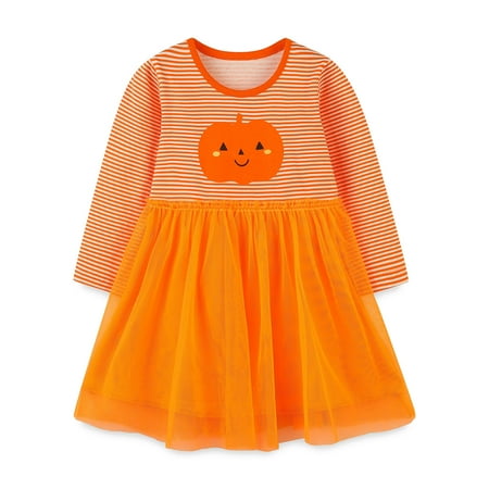 

Little Girls Long Sleeve Dress Cotton Casual Smiling Face Print Applique Halloween Christams Tunic Shirt Dress For Gifts Orange 5 Years