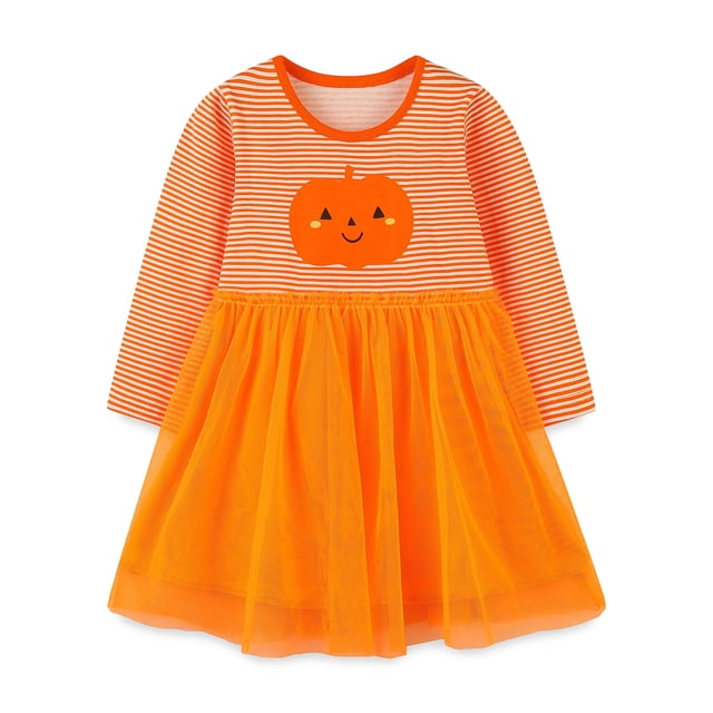 Zwiiyzr 2025 Robe Moulante pour Bébés et Tout-Petites Filles 2-7 Ans Unie à Manches Longues Mignonne à Rayures Imprimé Citrouille à Volants en Maille Robe Princesse Orange