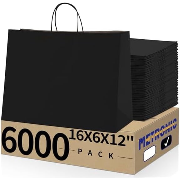 Kraft Paper Gift Bags with Handles 16x6x12 Inch 6000 Pack | Christmas, Birthday Party Favors, Retail Shopping, Small Business Bulk | Black Gift Wrap Bag