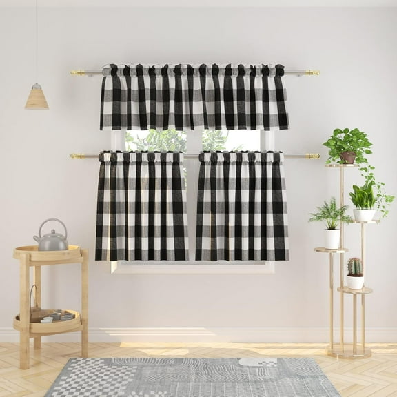 3 Pc Cotton Classic Country Farmhouse Kitchen Window Curtain -Black & White Buffalo Check Tier & Valance Set, 54" x 18" / 27" x 36"