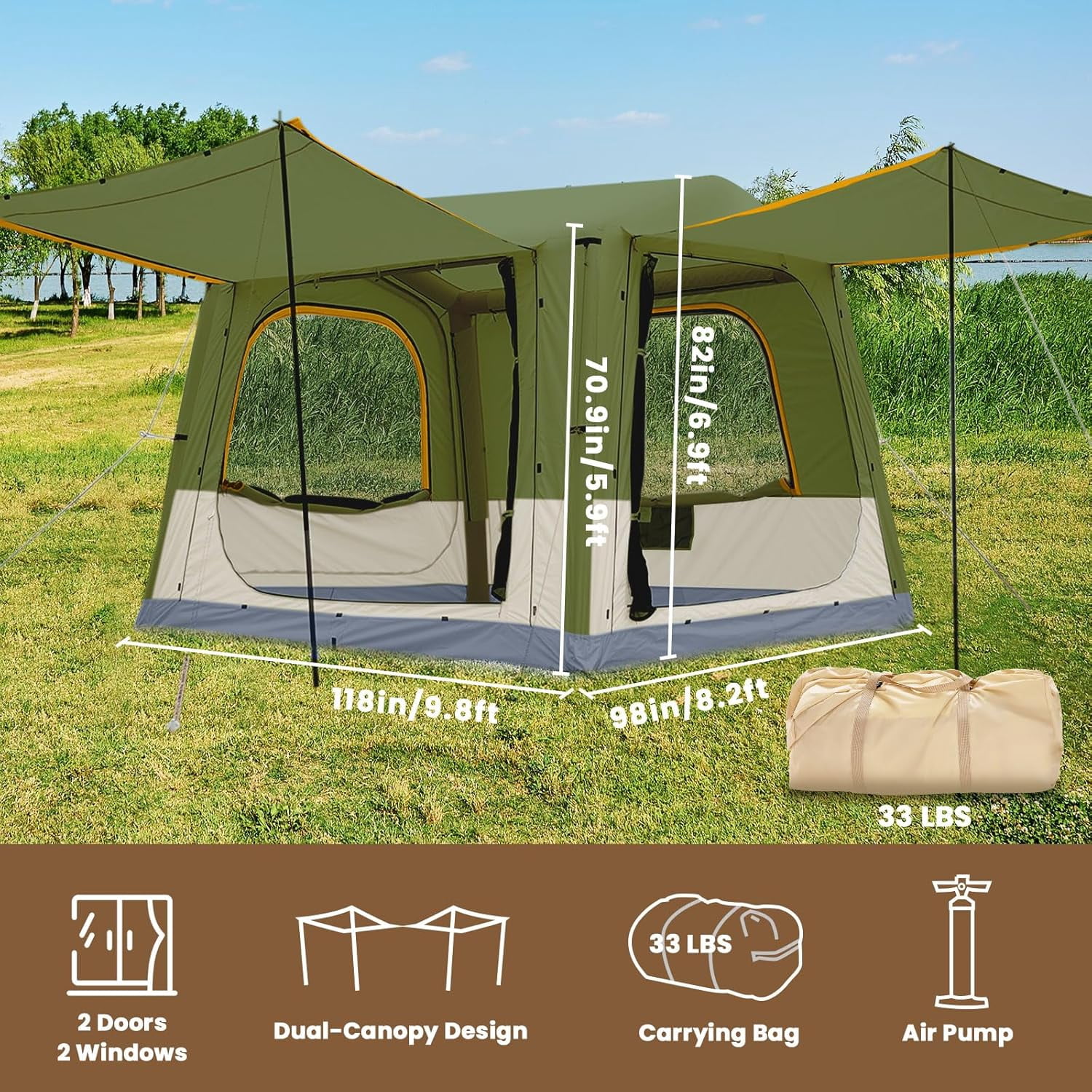 Slsy Inflatable Tent with Pump, Inflatable Tent for Camping 4~6 People Large Blow Up Air Tents House, Waterproof Luxury Glamping Tent with Mesh & Stove Jack