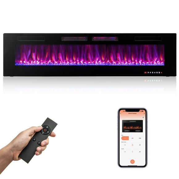 Giantex 42/50/60/72 Inches Ultra-Thin Electric Fireplace, Wall-Mounted & Recessed Fireplace Heater w/Smart APP Control, Alexa, Decorative Crystals, Dual Control & Overheat Protection, 750W/1500W