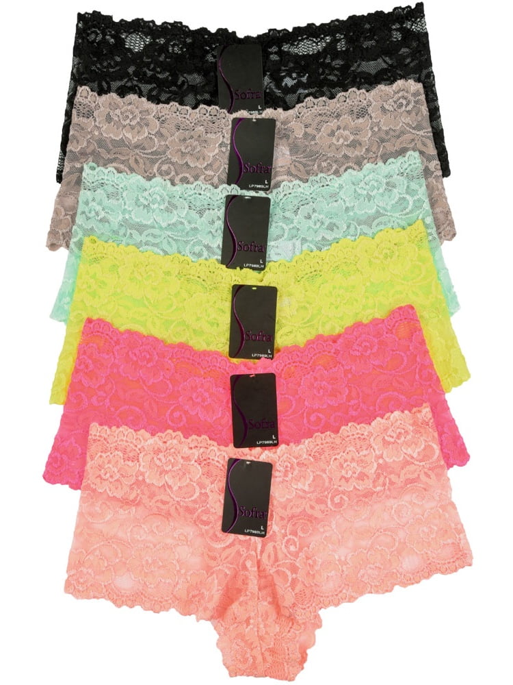 Sofra 6 Pack of Women's Lace Boyshort Panties