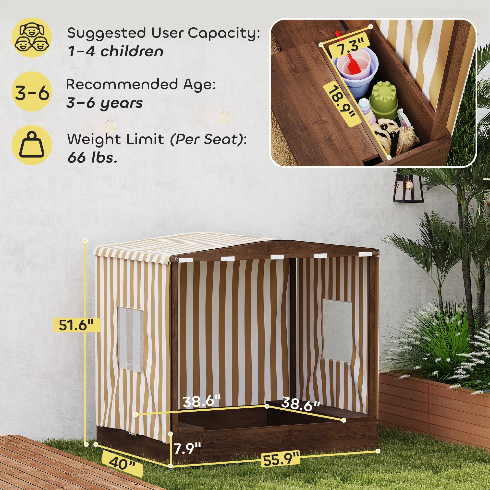 Kids Wooden Sandbox with Full Canopy & Mesh Door, Outdoor Sand Pit with 4-Seat Benches & Under-Seat Storage, Bottom Liner Sandbox for Backyard Play, Ages 3-6