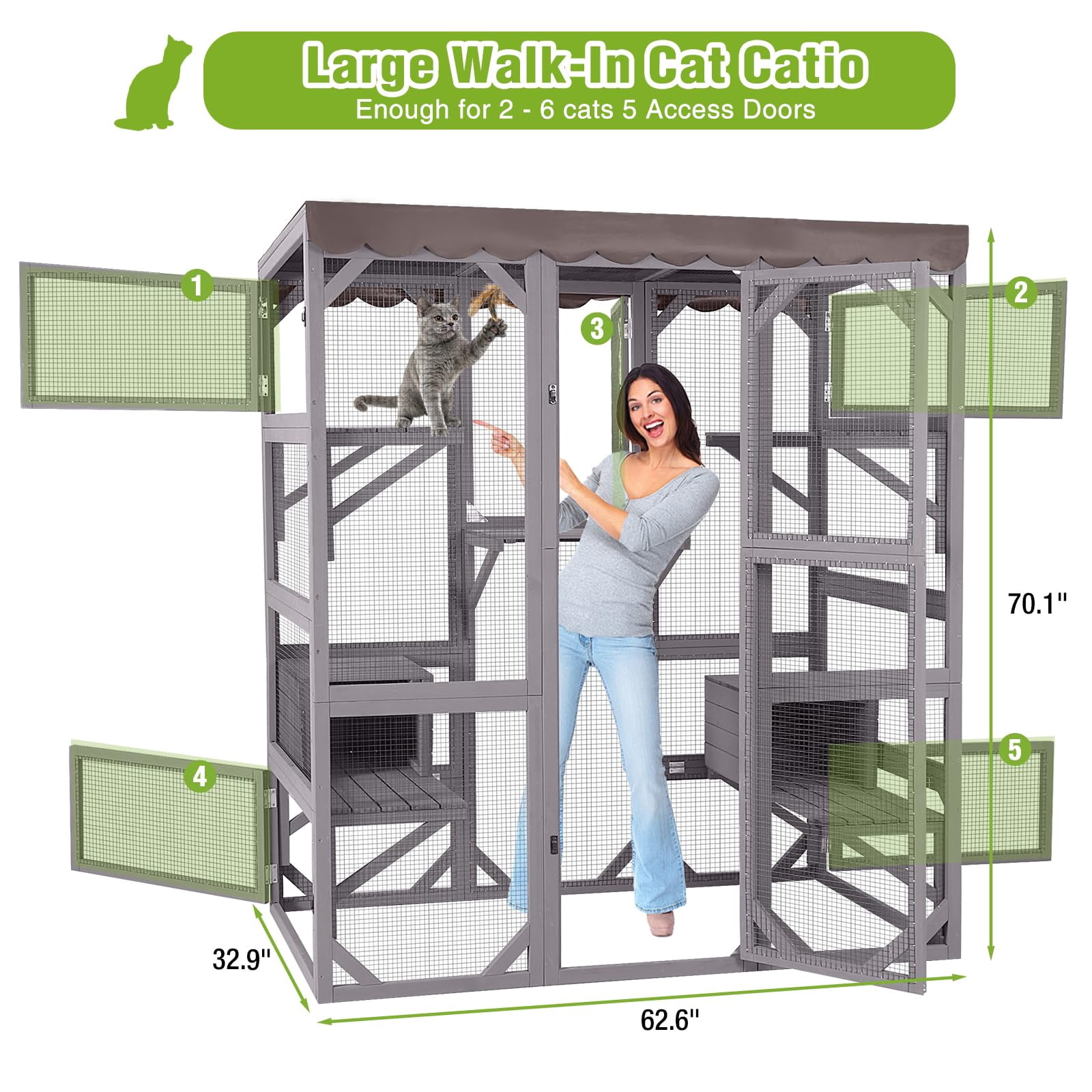 Aivituvin 70" Walk-In Outdoor Catio, Large Wooden Cat House with 7 Climbing Platforms and 2 Resting Boxes, White/Gray