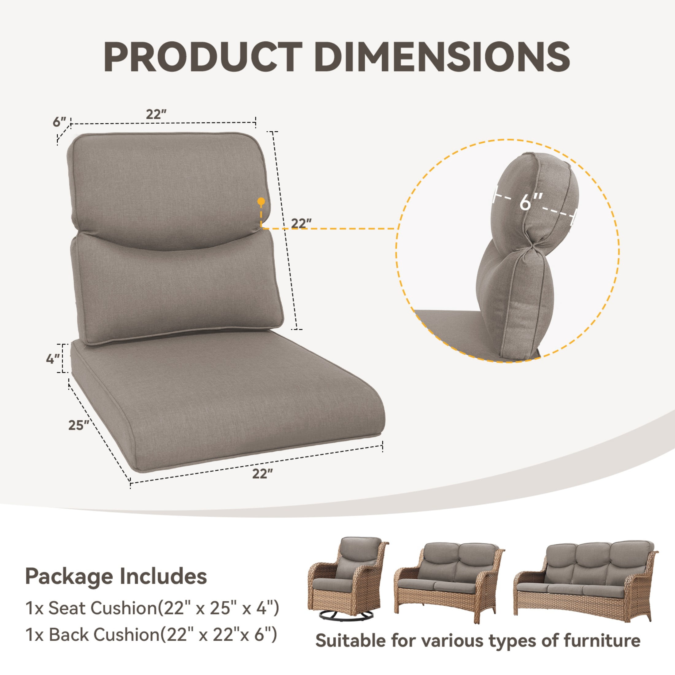 Unnifurnzi Outdoor Chair Cushions-22 x 25 x 4 Inch Fade Resistant Patio Chair Cushions Outdoor Seat Cushions for Patio Furniture Chair Sofa Couch-Gray
