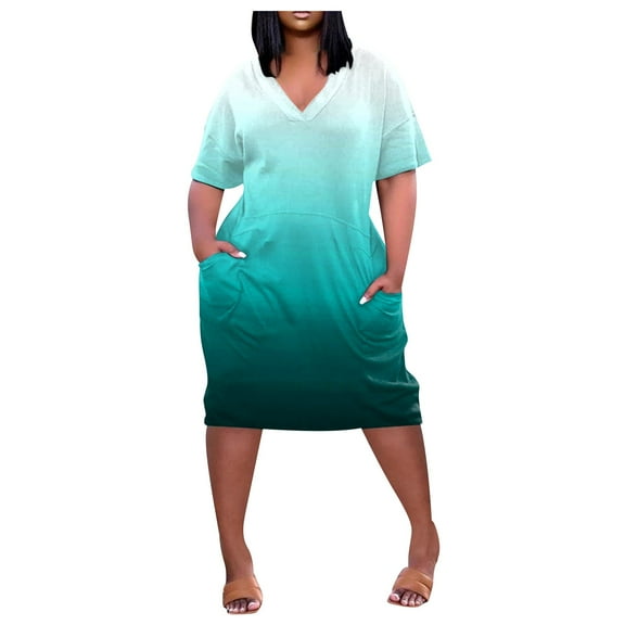 ELFINDEA Dresses for Women 2024 Plus Size Dresses V Neck Short Sleeve Knee Pocket Casual Blue 2X