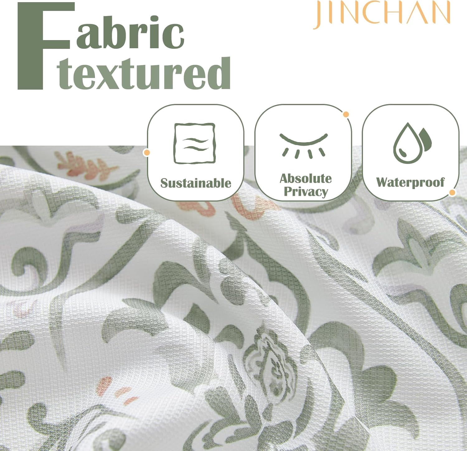 Green Grey Floral Shower Curtain, Medallion Damask Farmhouse Shower Curtains for Bathroom, Watercolor Retro Vintage Pattern Waterproof Fabric Shower Curtain, Bath Decor with Hooks 70x72 Inch