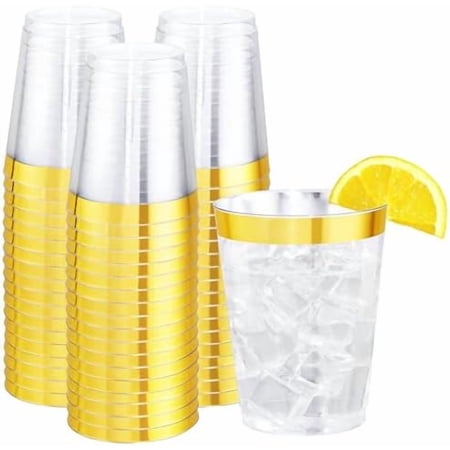 60PCS Gold Plastic Cups, 10 oz Clear Disposable Cups with Golden Trim, Heavy-Duty Disposable Hard Plastic Wine Glasses Cocktail Glasses Perfect for Wedding & Party
