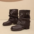 thumbnail image 5 of hopeusnice Women Mid Calf Slouch Boots With Double Buckle Straps Low Heel Leather Upper For Edgy And Casual Style Brown 41, 5 of 9