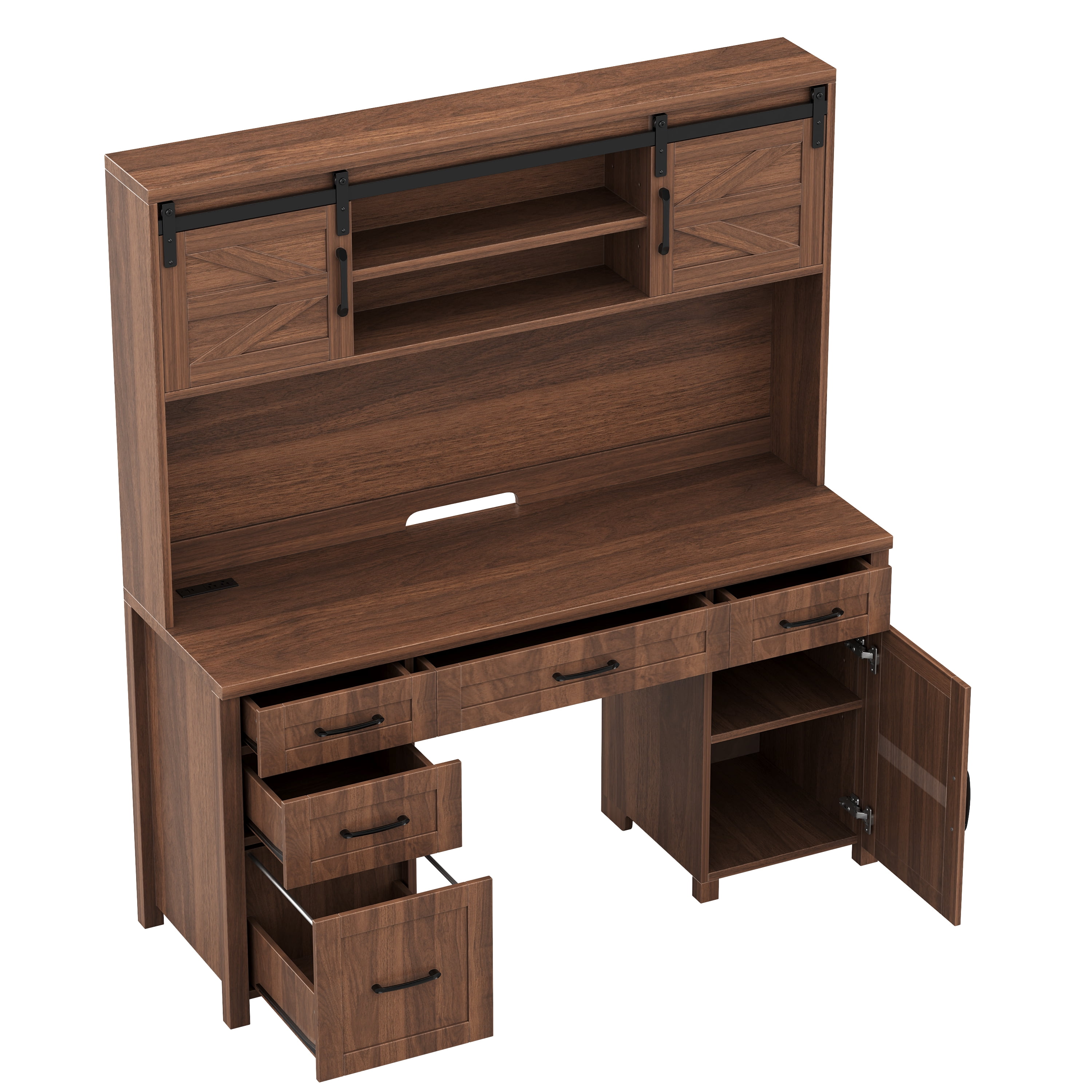 Aukfa Farmhouse Computer Desk with Hutch & Charging Station, Home Office Executive Desk, Sliding Barn Doors and 5 Drawers,Walnut