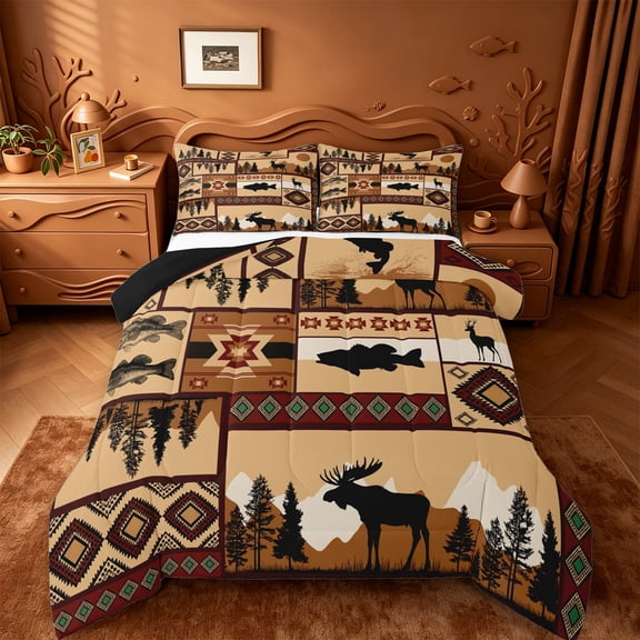 jejeloiu Rustic Moose Patchwork Full Size Comforter Sets,Southwestern Fish Print Bedding Comforter Set For Boys,Brown Beige,Black Reversible,3-Piece,1 Comforter and 2 Pillowcases