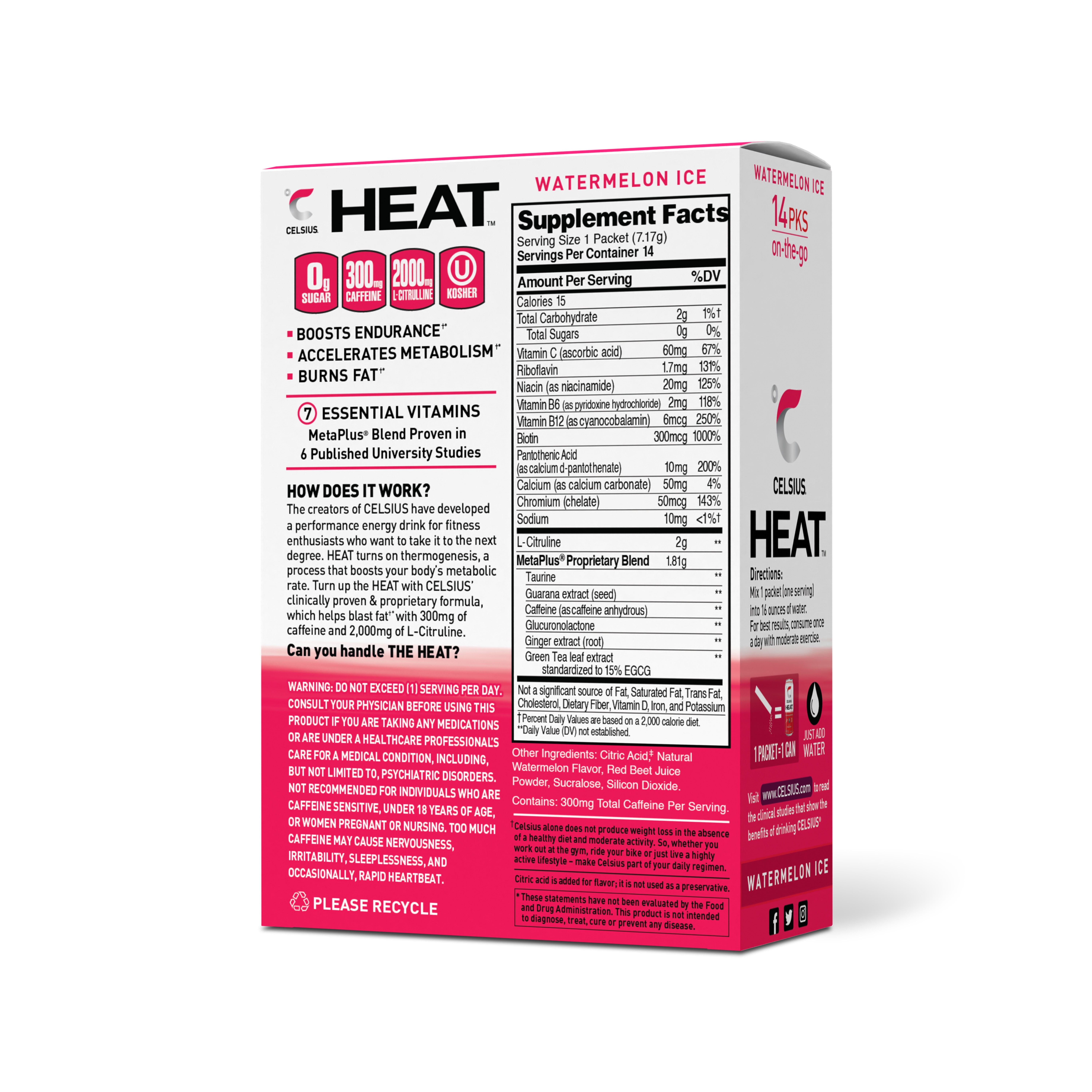 CELSIUS HEAT on-the-go Performance Energy Powder Stick Packets, Watermelon Ice (Pack of 14)