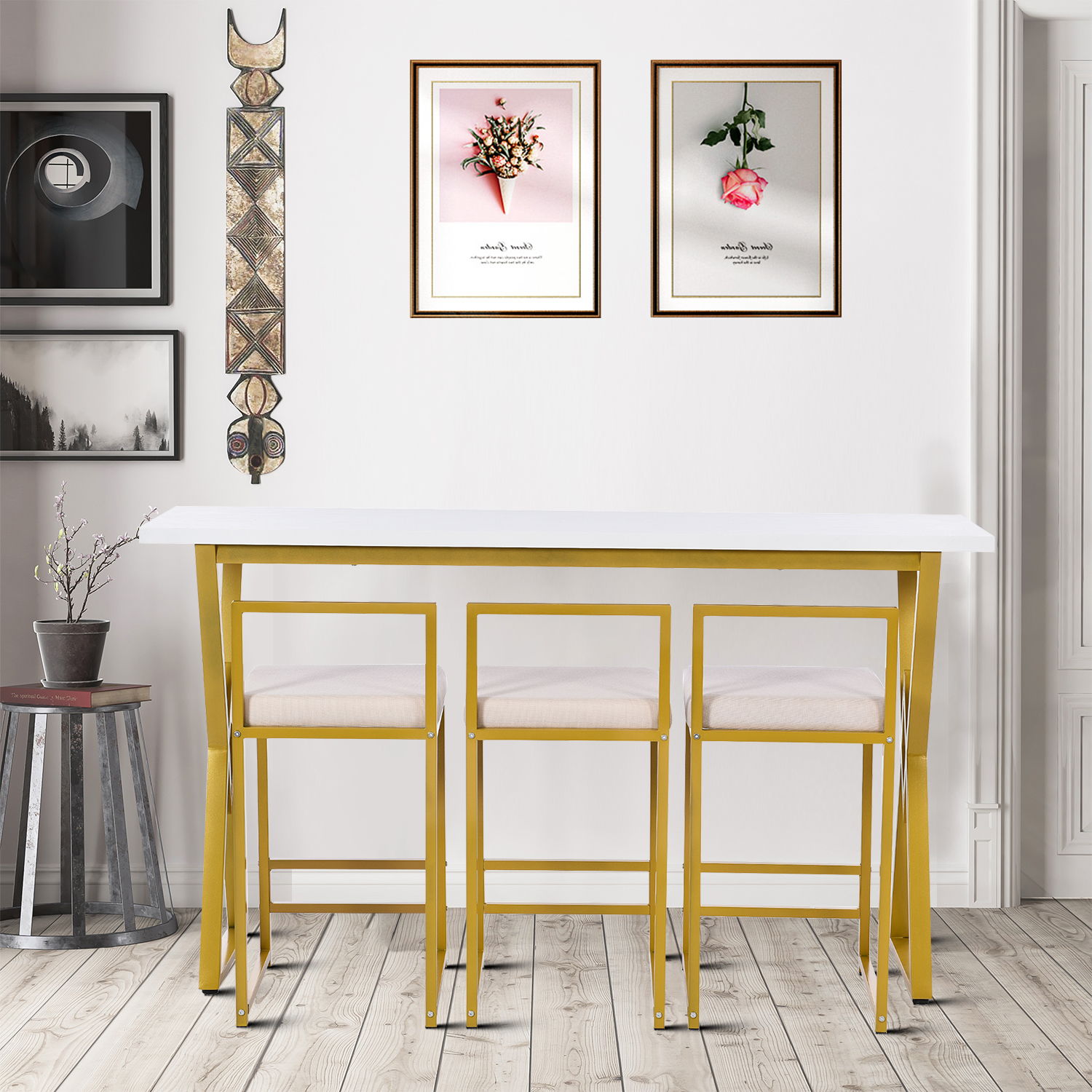 Metal Frame Bar Table Set with 3 Upholstered Stools， 1 Bar Table and 3