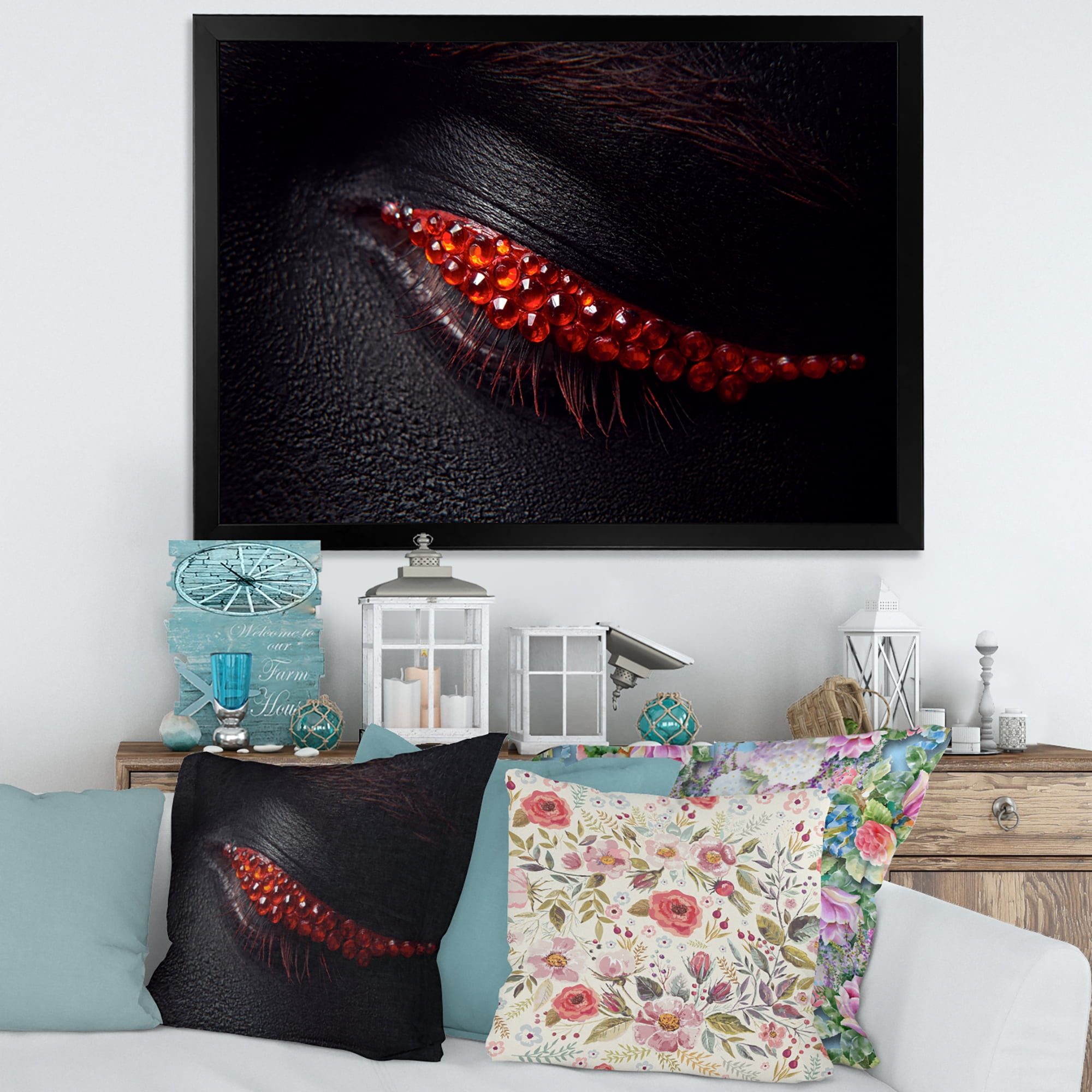 Designart 'Beautiful Black Skin Female Eye With Red Diamonds' Modern Framed Art Print