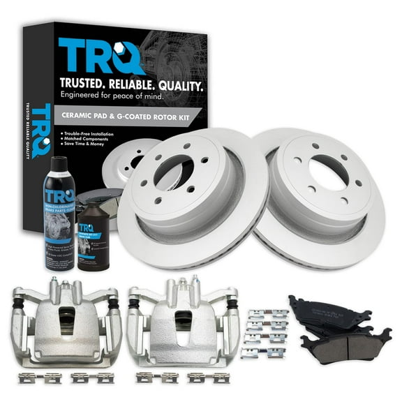 TRQ Rear Ceramic Brake Pad Coated Rotor & Caliper Kit w/Fluids for F150 Truck BKA23380