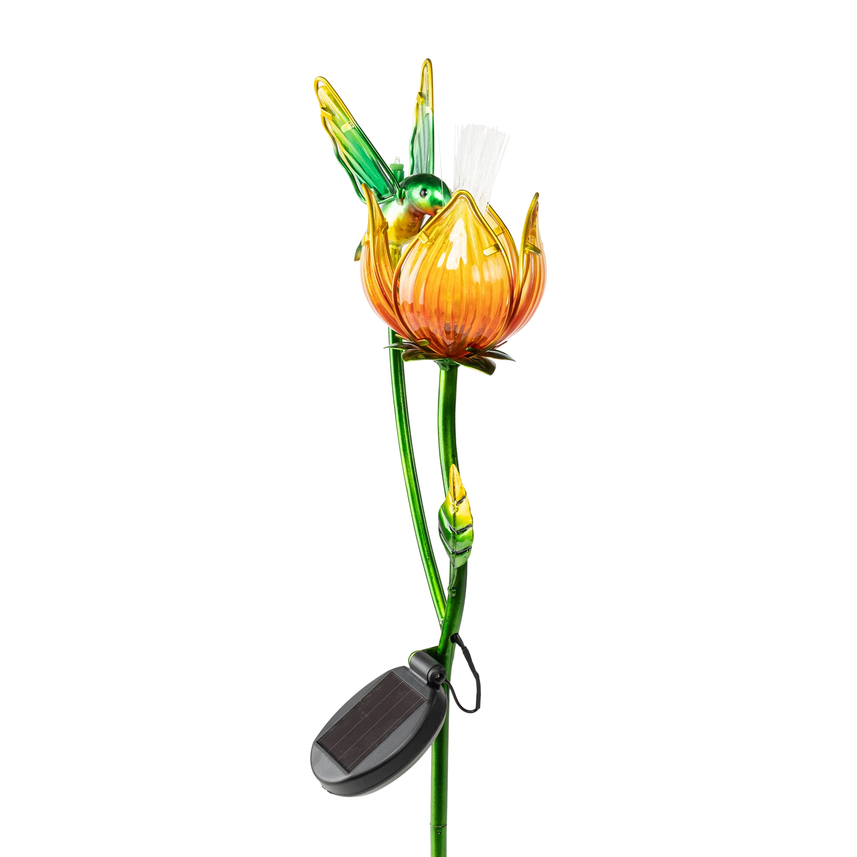 Better Homes & Gardens Solar LED Flower With Hummingbird Glass & Metal Stake Light Outdoor Décor, 5.7"W x 6.5"D x 28.1"H, 1.1 lb weight