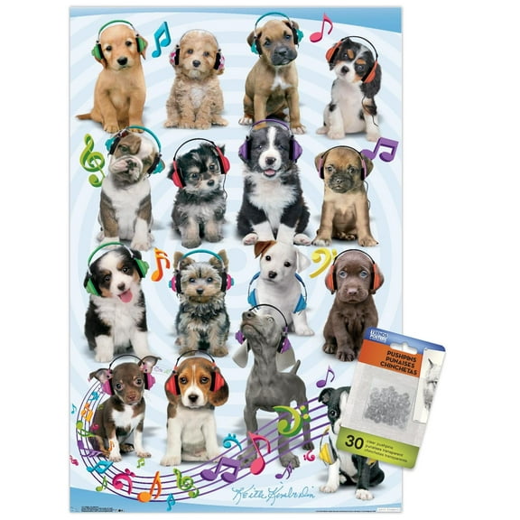 Keith Kimberlin - Puppies - Headphones Wall Poster with Push Pins, 14.725" x 22.375"