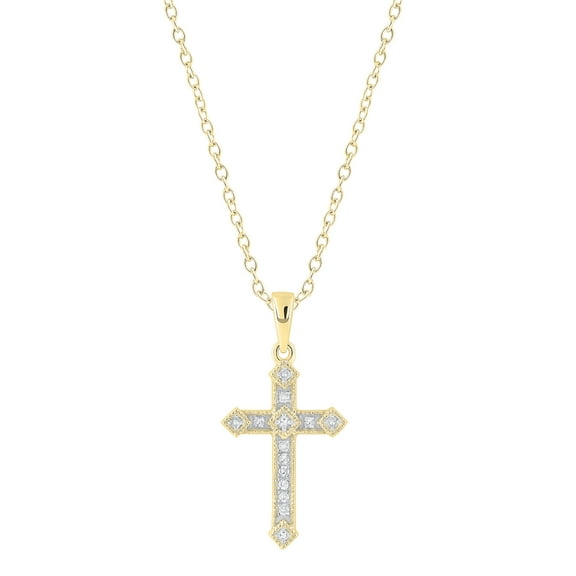 Dazzlingrock Collection Round White Diamond & Kite Shape Edge Religious Cross Pendant for Women with 18 Inch Gold Chain (0.10 ct. Color I-J, Clarity I2-I3) in 10K Yellow Gold