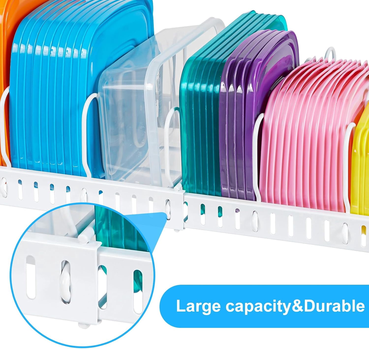XCOSRACK Expandable Food Container Lid Organizer for Drawers & Cabinets, Heavy Duty Carbon Steel Storage Rack with 10 Adjustable Dividers, U-Shaped Slots Keep Lids Upright